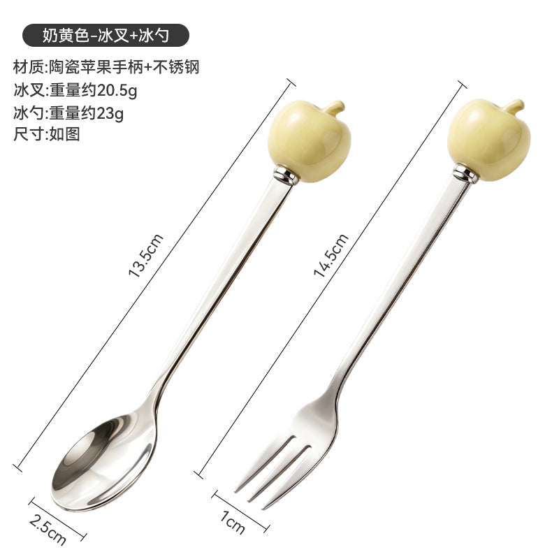 Colorful apple fork and spoon set - creative spoons with stainless steel and ceramic handles for fruit, coffee, cake, and desserts - wholesale
