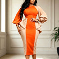 New arrivallong sleeves color block hip wrap one-step skirt lantern sleeve ruffles silmpatchworkwork clothingdress dress