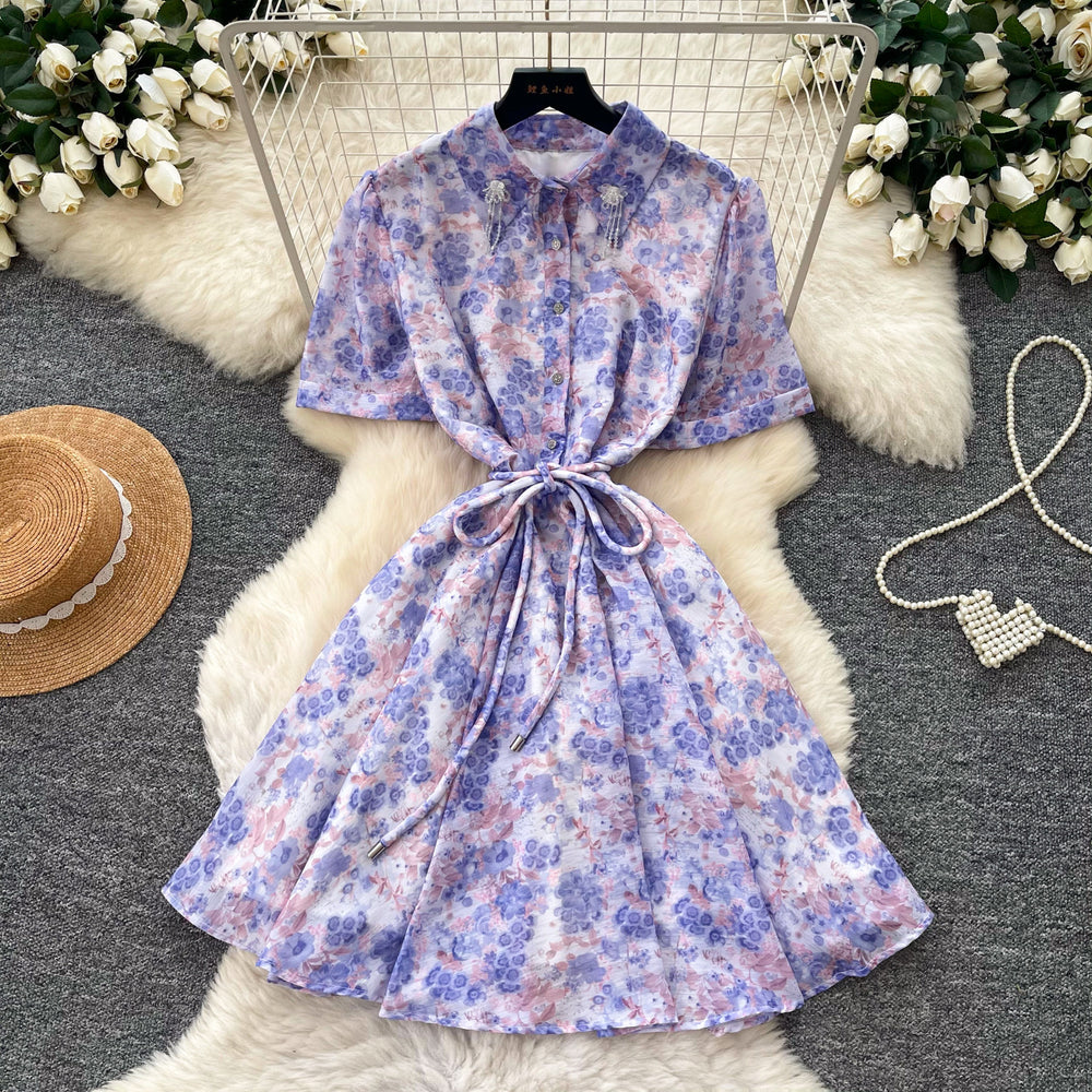 Frenchromantic style floral elegantdress women's summerk-style waist slimming look a-line skirt gentle tie back