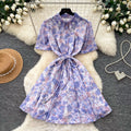 Frenchromantic style floral elegantdress women's summerk-style waist slimming look a-line skirt gentle tie back