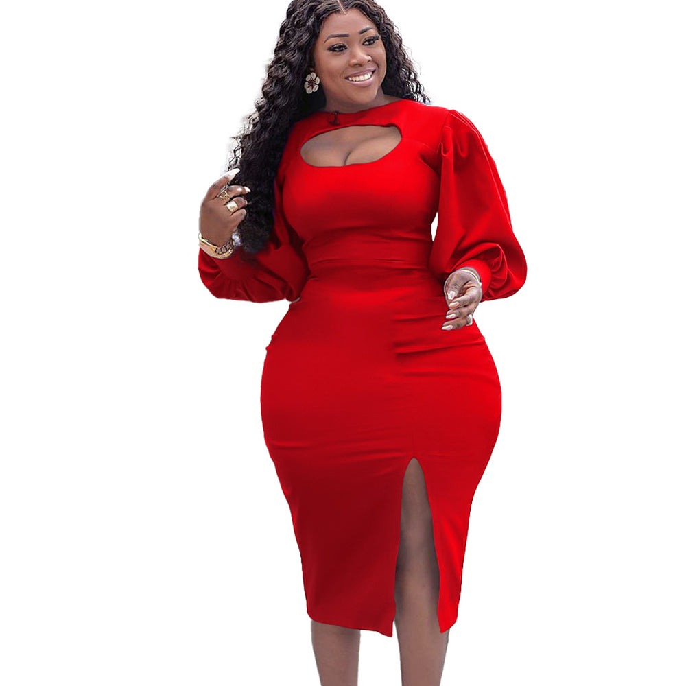 D402 european and american plus size women's clothing  autumn new fashion elegant hollow-out long sleeve slit solid color african dress