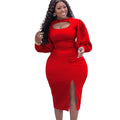 D402 european and american plus size women's clothing  autumn new fashion elegant hollow-out long sleeve slit solid color african dress
