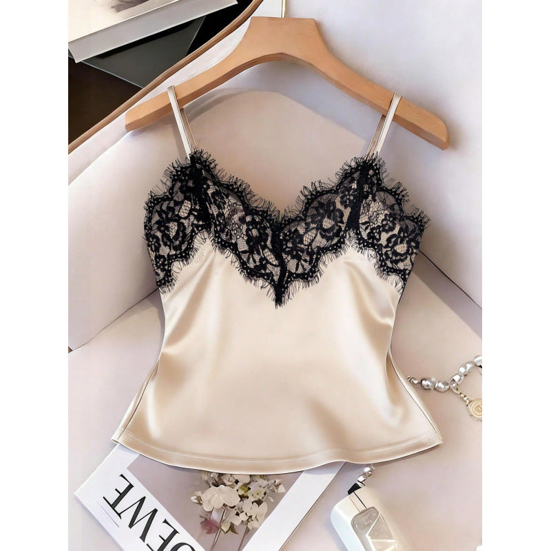 Women's summer new french chic fashion lace trim knitted satin camisole