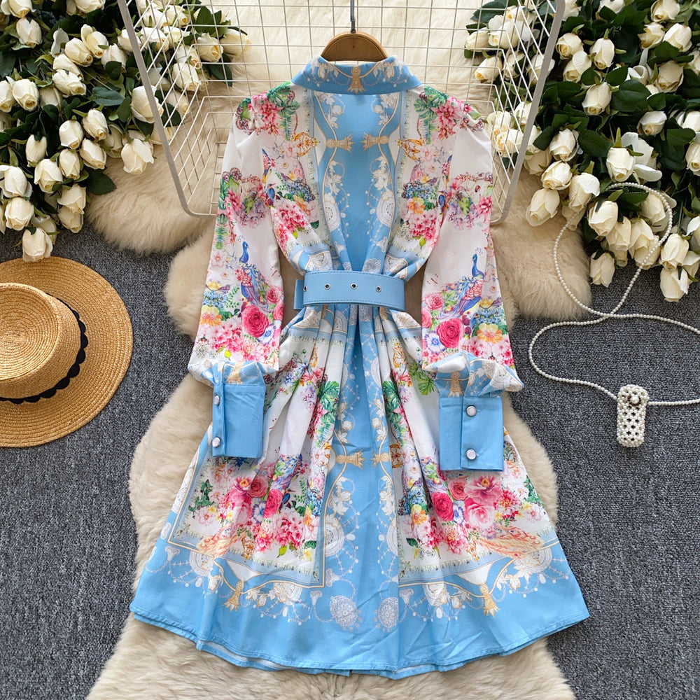 Spring new arrivaldress women's frenchretro lapel long sleeves single breasted waist slimming look printing a-line shirt skirt