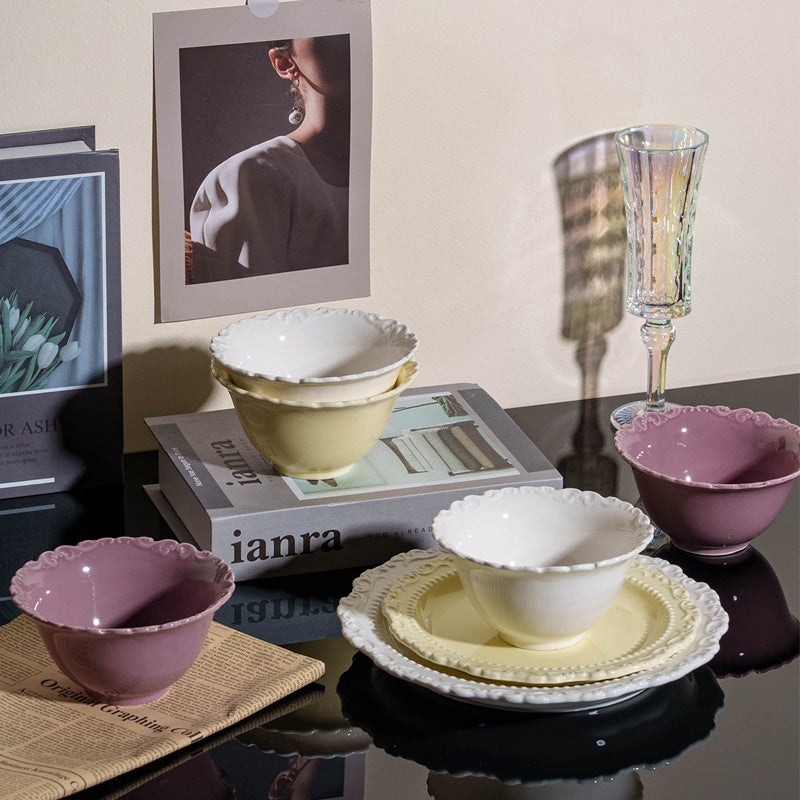 Nordic embossed ceramic western food dessert snack bowl - stylish, high-value rice bowl for home use - minimalist breakfast bowl