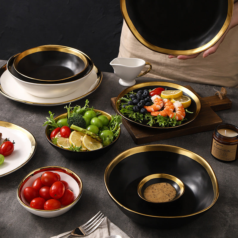 Retro special-shaped ceramic western food steak plate electroplated gold accessible luxury style western food salad bowl mug high-looking plate