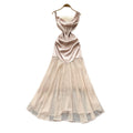 French riviera style sleeveless satin one-shoulder dress - women's summer high-waisted patchwork elegant maxi dress