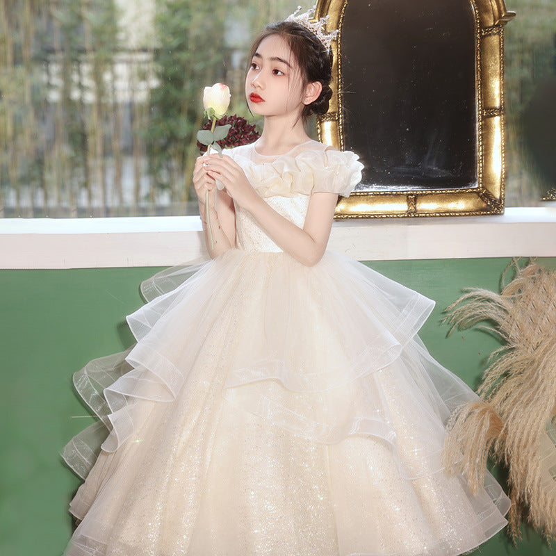 Ready-to-ship, cross-border bestseller: high-end girls' formal dress, long, full skirt with mesh paneling, floral princess dress for girls