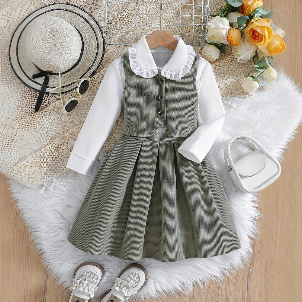 girlsuit doll collar long sleevesshirt light gray corduroy vest skirt kids three-piece suit