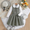 girlsuit doll collar long sleevesshirt light gray corduroy vest skirt kids three-piece suit