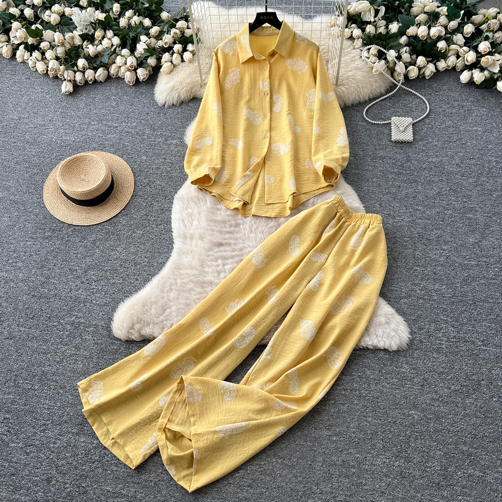 export retro print shirt & high-waisted wide-leg pants two-piece set - women's autumn/spring commute chic casual outfit