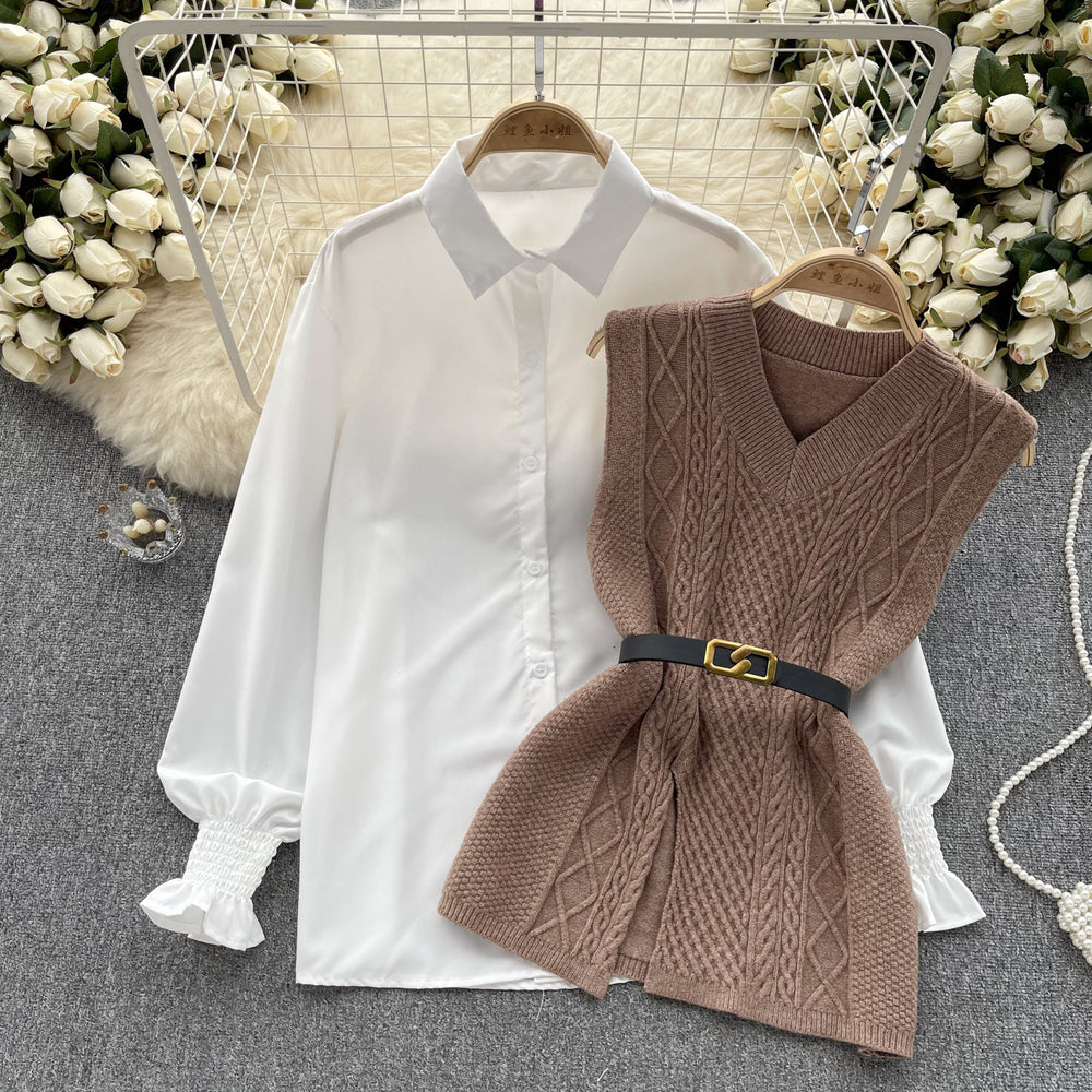Korean style chic fashion set: women's casual loose long-sleeve shirt + cinched waist v-neck sleeveless knit vest two-piece outfit