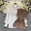 Korean style chic fashion set: women's casual loose long-sleeve shirt + cinched waist v-neck sleeveless knit vest two-piece outfit