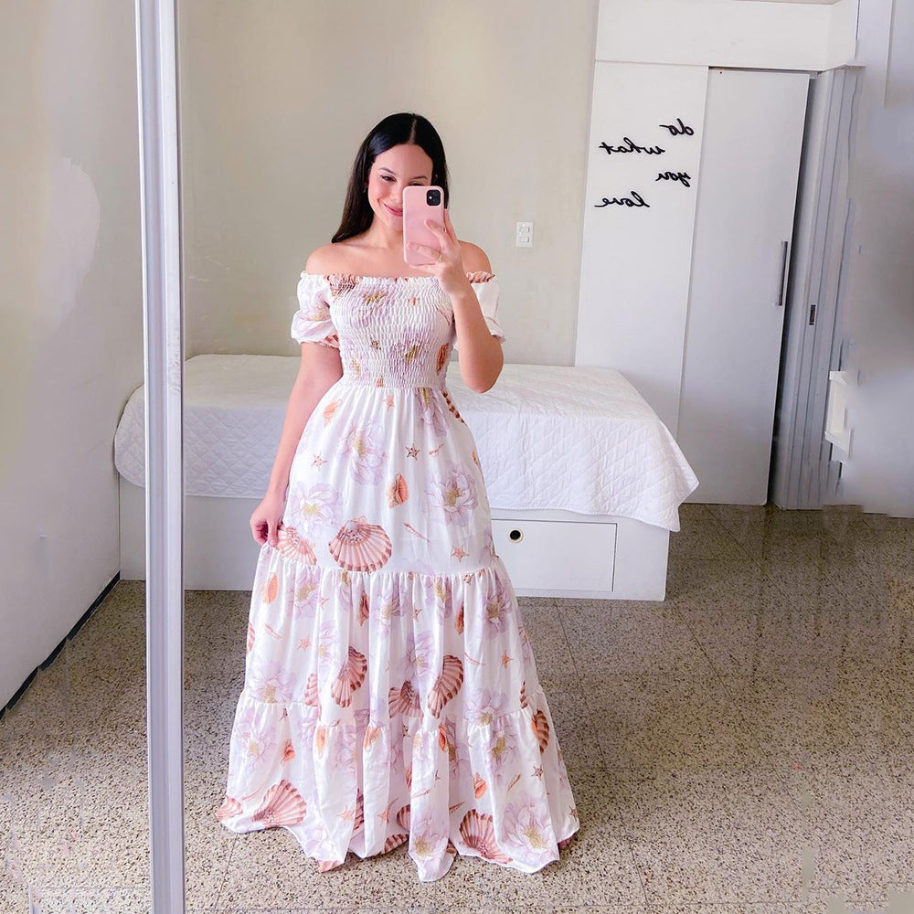 new spring/summer cross-border fashion: european and american style women's one-shoulder floral print maxi dress - off-the-shoulder fairy dress