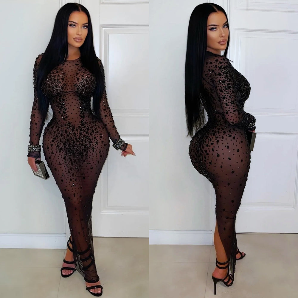C7596 cross-border   fashion women's sexy see-through mesh rhinestone bodycon dress