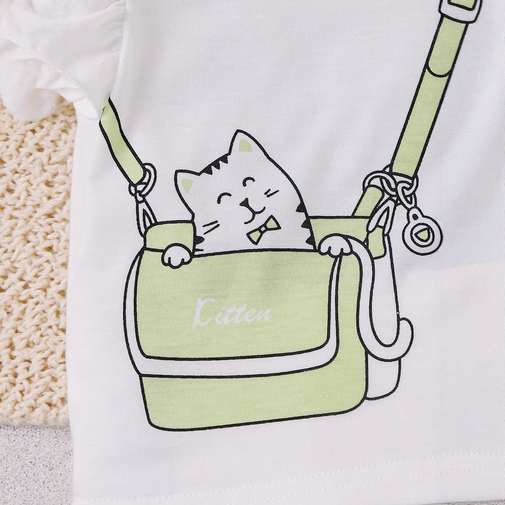 Children's clothing  fashion children's clothing kitten pattern white t-shirt + green shorts for women
