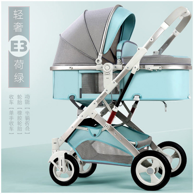 Newborn baby sleeping blue reversible, sit or lie down, high view baby stroller, foldable shock absorber stroller, two-way baby stroller