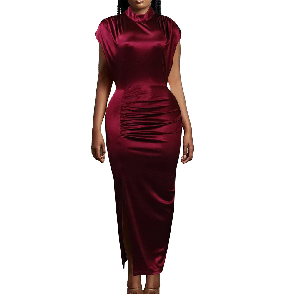 D261  european and american women's clothing  new elegant sheer dress long slit pleated cross-border dress