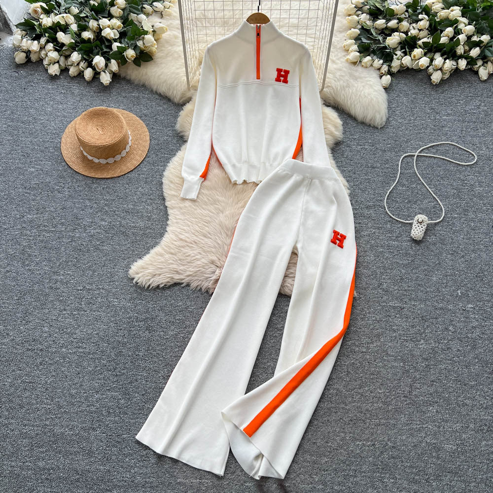 Women's casual activewear set - autumn design: color block letter embroidery stand collar half-zip knit top & wide leg pants