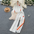 Women's casual activewear set - autumn design: color block letter embroidery stand collar half-zip knit top & wide leg pants