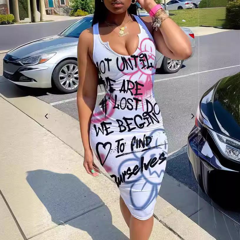 European and american cross-border fashion women's clothing:  summer new sleeveless u-neck graffiti print bodycon mini dress