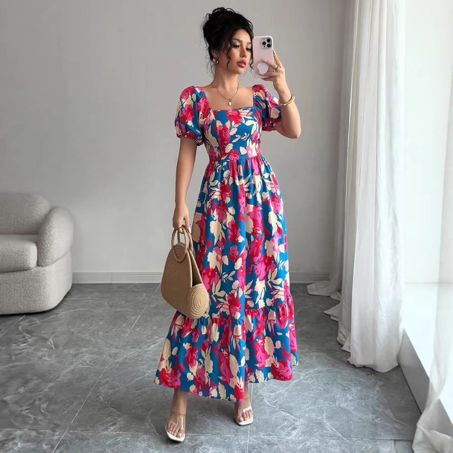 new european and american print ruffle trim square neck puff sleeve dress