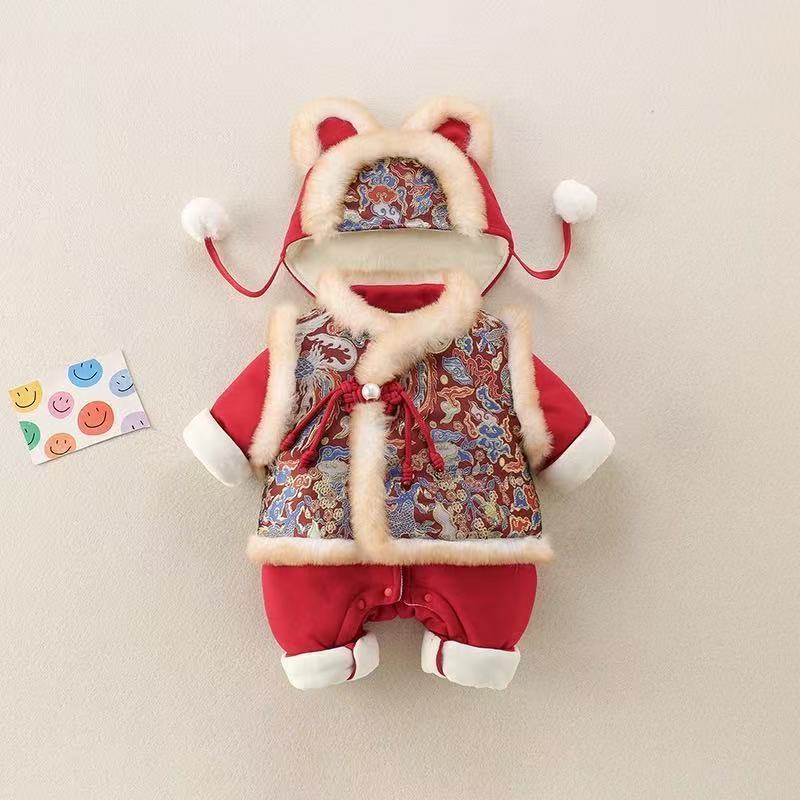 Winter girls' new year's outfit: new chinese style children's red fleece-lined thickened traditional tang suit set for the lunar new year