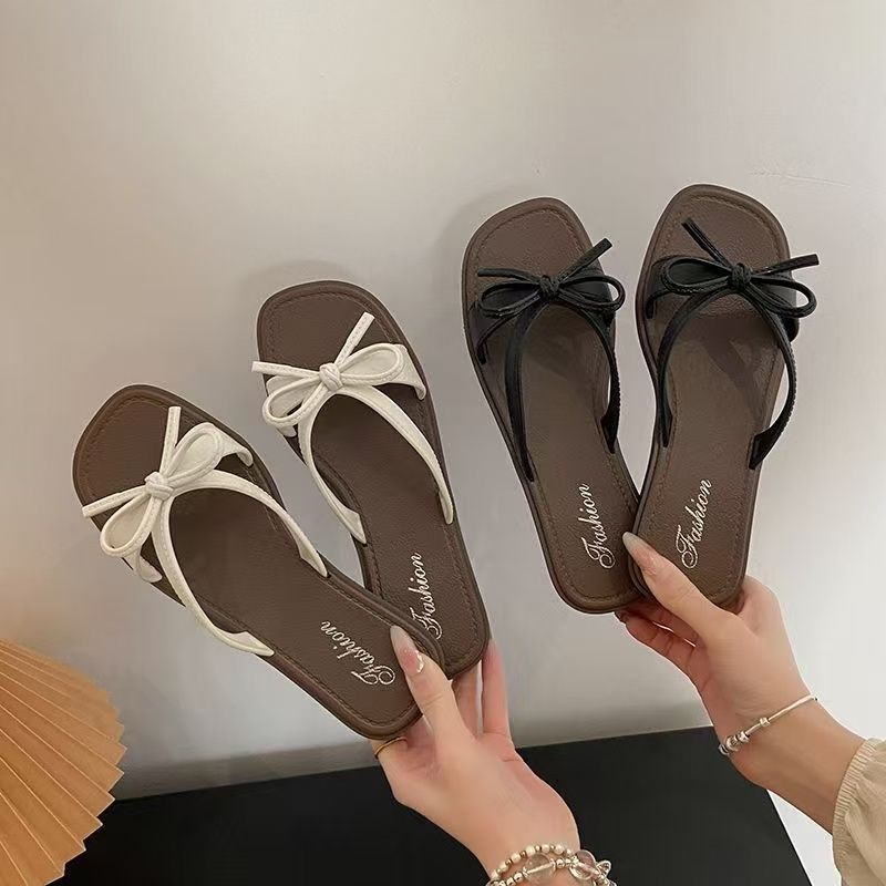French sweet sandals women's summer new elegant soft sole one-strap sandals bowknot student outdoor flip-flops