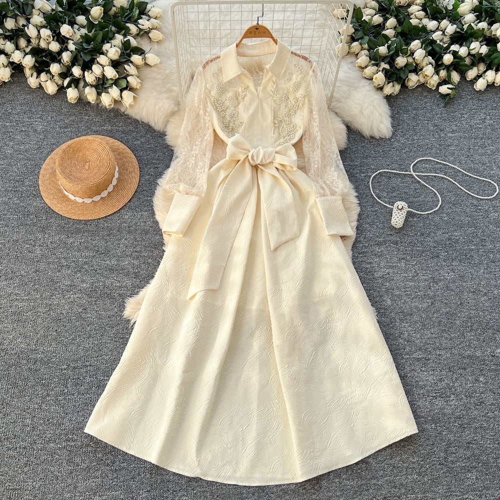 Vintage-inspired, luxe, and high-end polo collar dress - women's summer mesh embroidered textured design, unique and elegant maxi dress