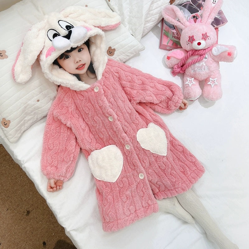 Girls' coral fleece pajamas - autumn/winter kids' robe - long, warm, wearable bathrobe for baby girls