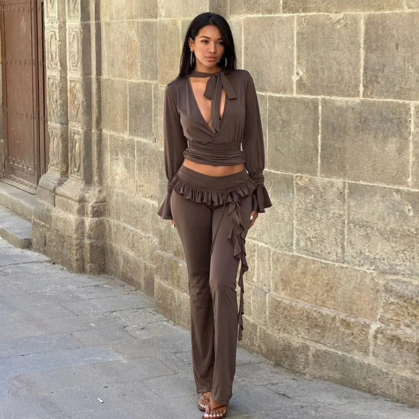 fashion street casual women's clothing solid color ruffle edge streamer knitted micro-pull pants slim-fit hip-wrapped trousers autumn