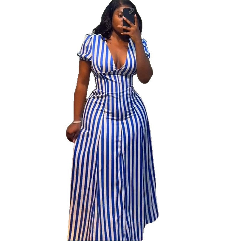 European and american cross-border women's fashion:  summer new arrival - elegant v-neck, puff sleeve, blue striped, high-waisted maxi dress