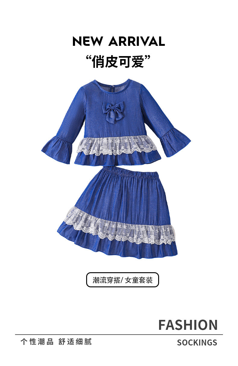 girl skirt suit blue bell sleeve topslace hem lace skirt retro style kids skirt