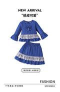 girl skirt suit blue bell sleeve topslace hem lace skirt retro style kids skirt