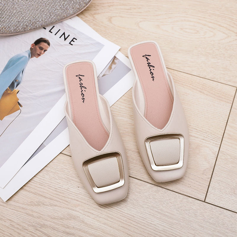 Square buckle toe half slippers women's fashionoutwear 2024new arrivalmuller flat heel buckle square toe lazy sandals women's shoes