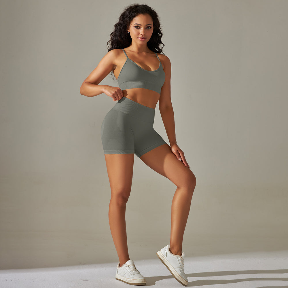 fashion seamless pure color high elastic tight peach back sports intimates yoga clothes three-quarter shortssuit for women