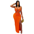 C7407 cross-border   fashion women's sexy knitted halter backless solid color dress