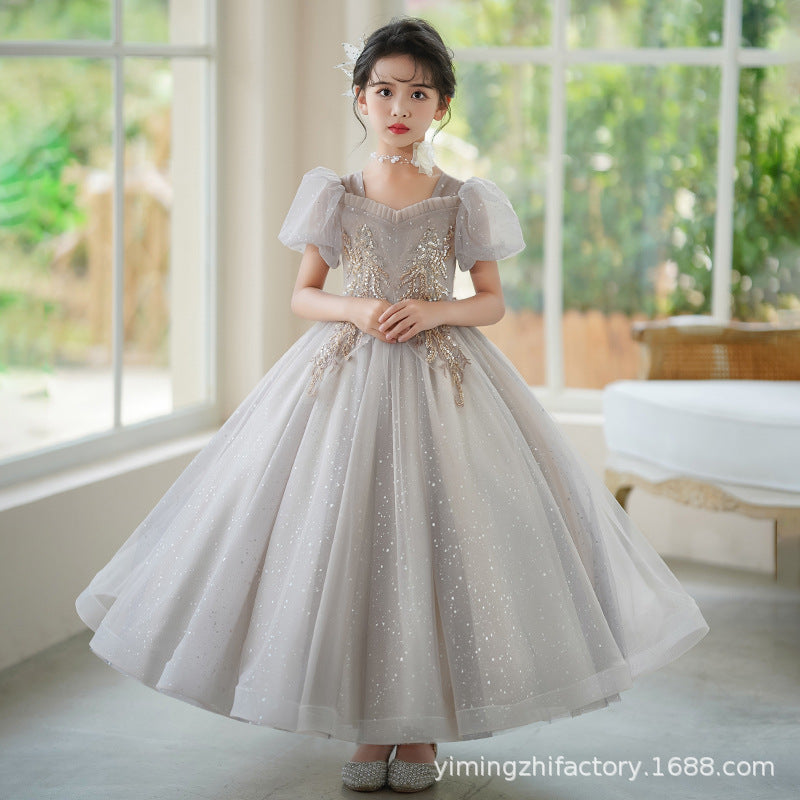girls' dresses: new high-end gray sequin princess gown, evening dress, french style for older girls, hostess outfit
