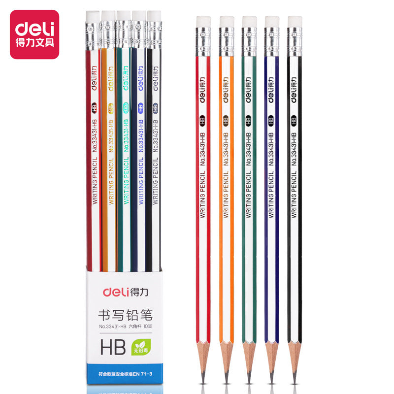 Deli 33431 hexagonal pole primary school students writing pencil HB/2B pencil test card pencil with eraser 10 pcs