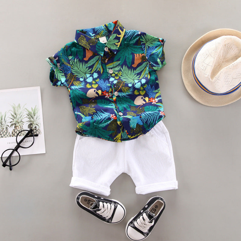 Korean style boys' summer outfit: floral shirt set for toddlers and young children - collared printed short-sleeve shirt + rolled-hem white shorts two-piece set