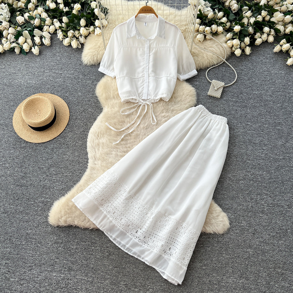 Dopamine red lace cutout blouse and skirt two-piece set - women's summer commute style slim fit outfit - new  collection