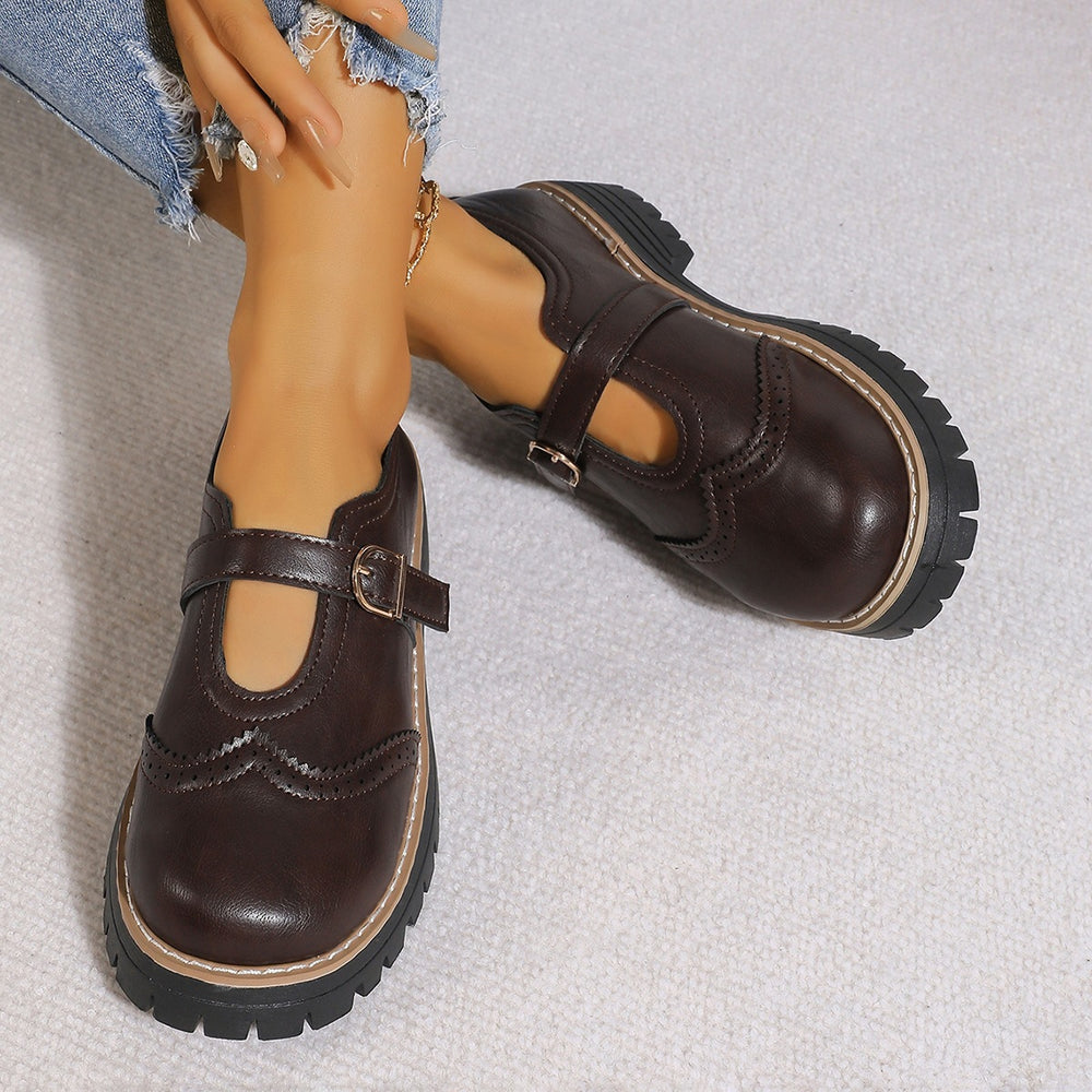 Exportplus size british style thick sole loafers for women  new belt buckle carved cut out small leather shoes wholesale