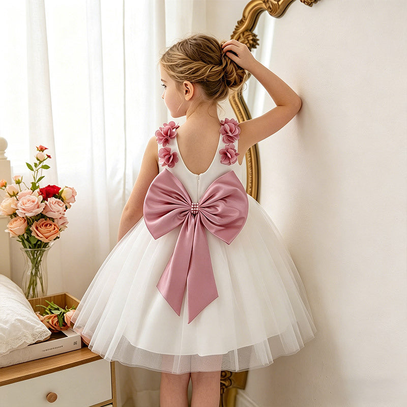 Baby girl dress white flower girl dress first birthday princess dress summer children's day performance host bowknot