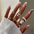 European and american cross-border faux pearl ring set - niche, trendy, retro, light luxury, multi-layer geometric arc surface finger rings & jewelry