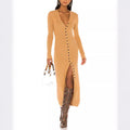 cross-border women's knitted long-sleeve single-breasted dress v-neck slim-fit maxi dress
