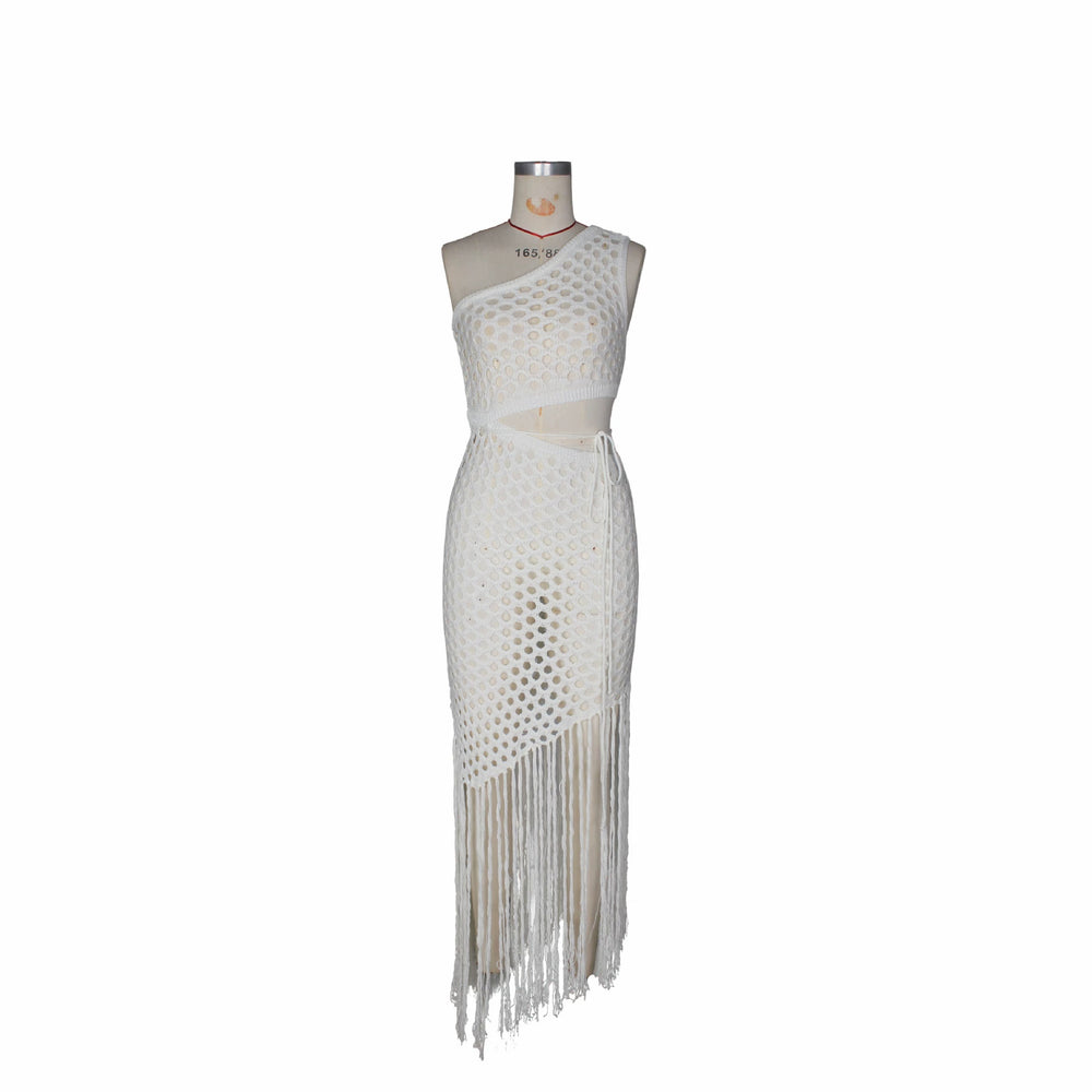 Fashion beach party oblique shoulder knitting long skirt cut out exposed waist asymmetrical tassel blouse cross-border women's clothing supply
