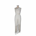 Fashion beach party oblique shoulder knitting long skirt cut out exposed waist asymmetrical tassel blouse cross-border women's clothing supply