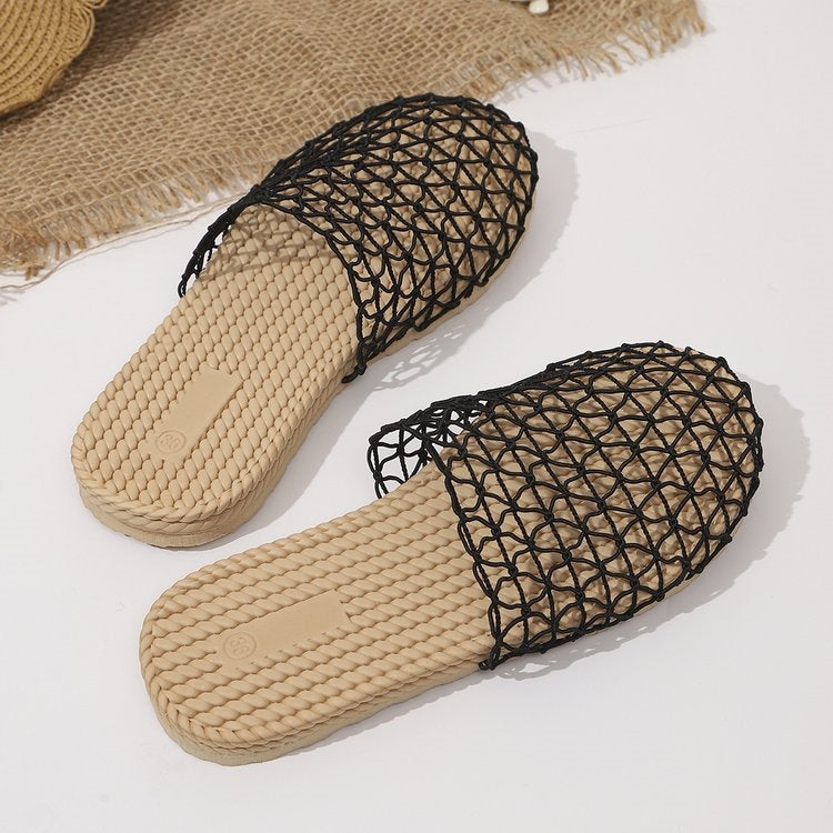 Exportplus sizesummernew arrival woven fishnet baotou half slippers women's outwearcut out mesh breathable flats sandals