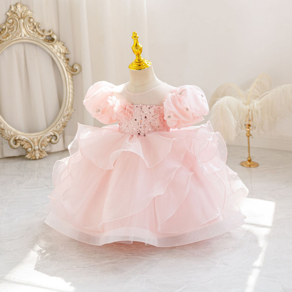Ready-to-ship new bubble sleeve floral children's formal dress wedding princess gown baby girl party dress kids dress