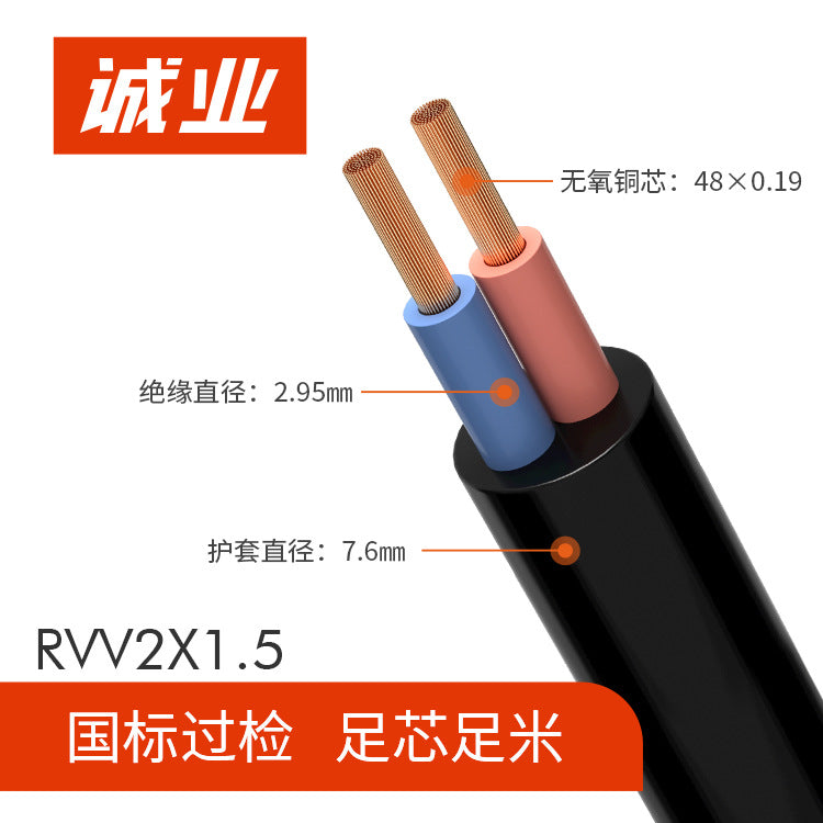 RVV2 core pure copper monitoring and control sheathed wire 05/1/1 square national standard full core full meter power cord
